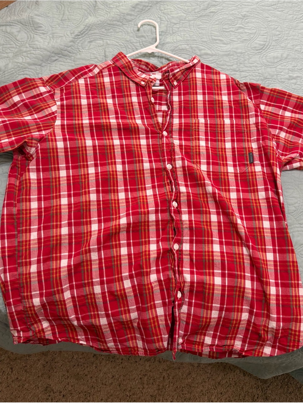 Columbia XXL Red and White Plaid Short-Sleeve Button-Down Shirt